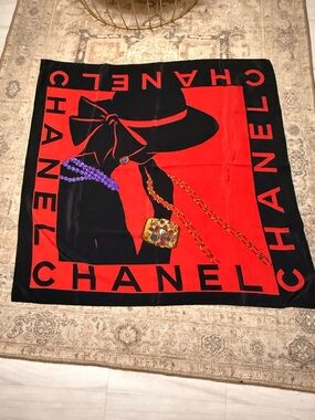 CHANEL Black & Red Silk Scarf with Jewelry Motif